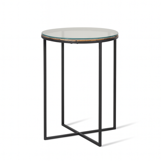 Side Table W / Metal & Glass Top — Black Matt, Antique - Awishkart.com