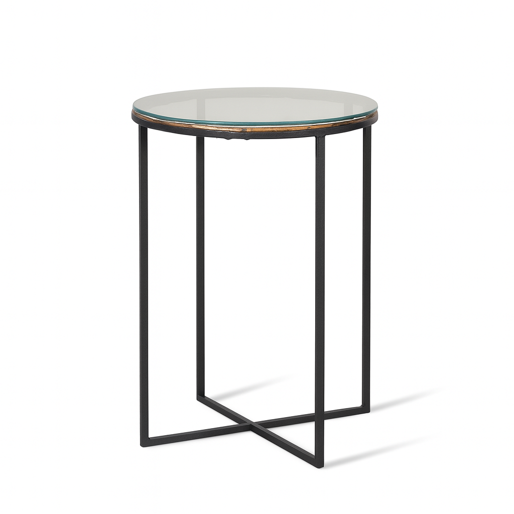 Side Table W / Metal & Glass Top — Black Matt, Antique - Awishkart.com