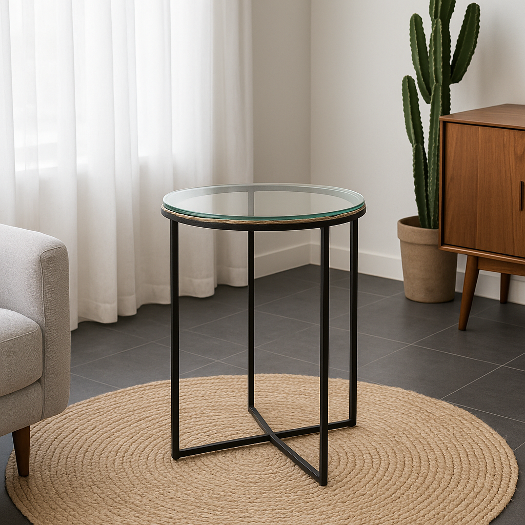 Side Table W / Metal & Glass Top — Black Matt, Antique - Awishkart.com