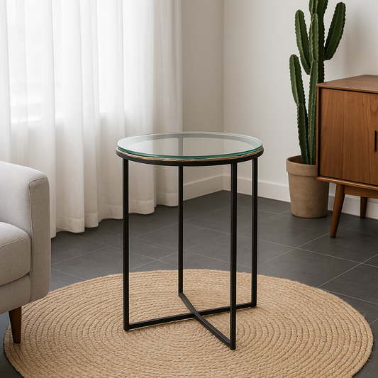 Side Table W / Metal & Glass Top — Black Matt, Antique - Awishkart.com